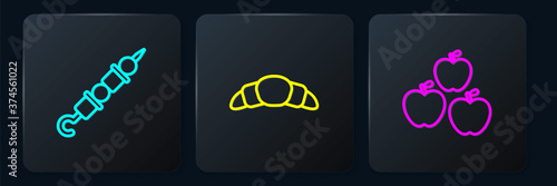 Set line Grilled shish kebab, Apple and Croissant. Black square button. Vector.