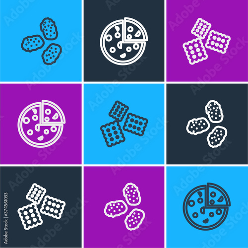 Set line Chicken nuggets, Cracker biscuit and Pizza icon. Vector.