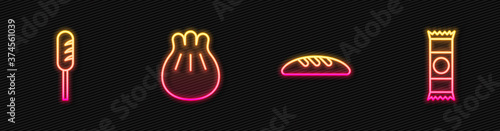 Set line Bread loaf, Fried sausage, Khinkali on cutting board and Chocolate bar. Glowing neon icon. Vector.
