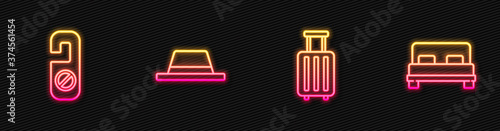 Set line Suitcase, Please do not disturb, Man hat with ribbon and Big bed. Glowing neon icon. Vector.