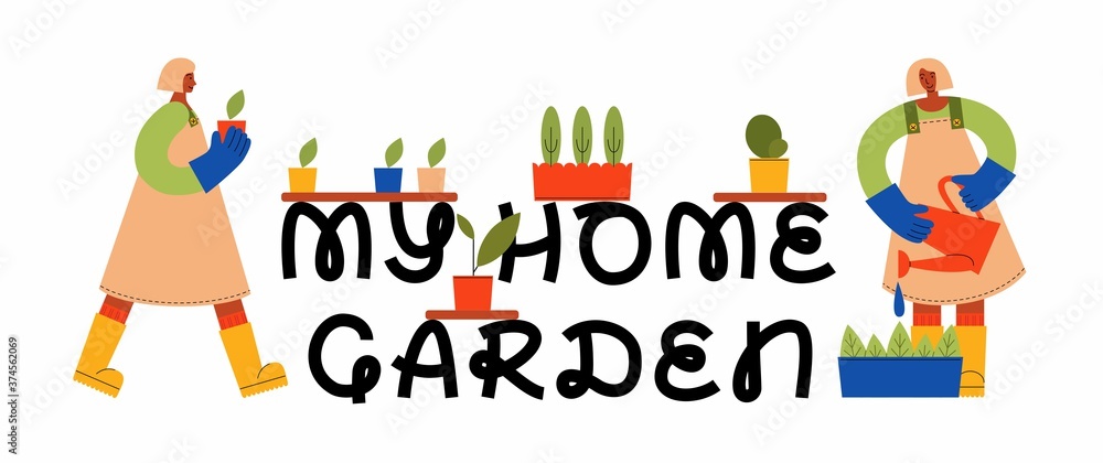 My home garden lettering with female gardener planting seedlings. Vector flat illustration