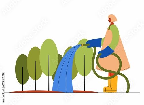 Female farmer, gardener, watering the tree with garden hose. Vector flat illustration