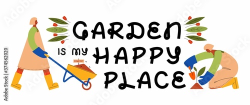 Garden is my happy place lettering with female gardener planting seedlings. Vector flat illustration