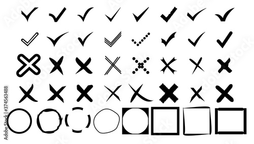 Set of simple web buttons: black check mark and cross. Circle and square, with sharp and rounded corners. Large collection of flat buttons. Tick and cross vector signs.