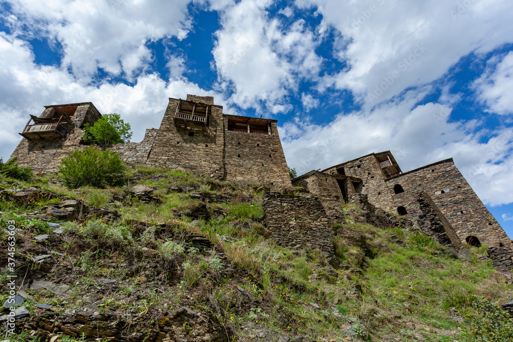 Old Fortress in mountain village Shatili, ruins of medieval castle