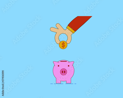 hand put coin to piggy bank. crowd funding and savings concept. Vector flat cartoon illustration for web sites and banners design.