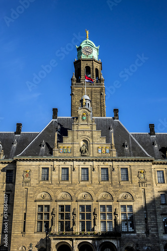 Architectural fragments of Rotterdam City Hall (Stadhuis van Rotterdam) at Coolsingel. Rotterdam City Hall is one of the few old buildings left in the centre of the city. Rotterdam, The Netherlands. photo