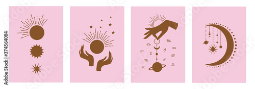 Set of mystical templates for tarot cards, banners, flyers, posters, brochures, stickers. Hand-drawn. Cards with esoteric symbols. Silhouette of hands, planets, stars and crystals. vector