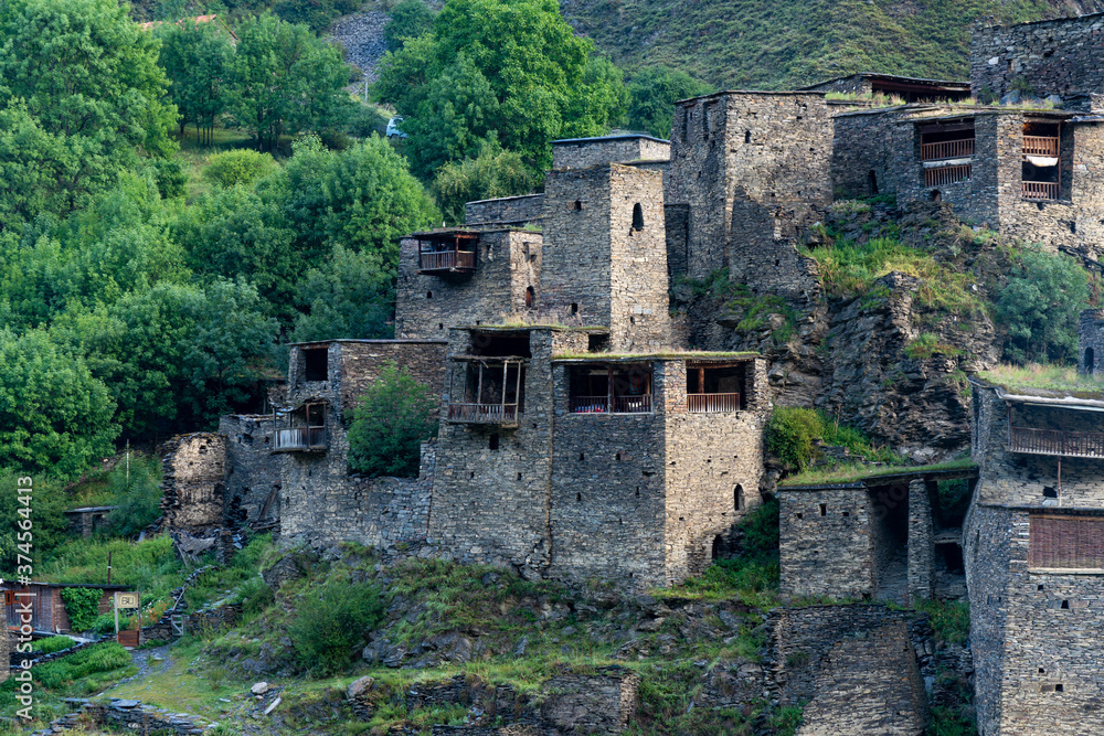 Old Fortress in mountain village Shatili, ruins of medieval castle Old Fortress in mountain village Shatili, ruins of medieval castle