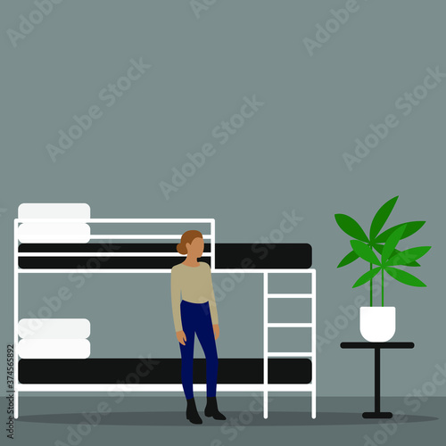 Female character stands near a bunk bed and a green plant