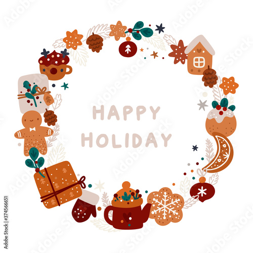 Merry Christmas and a happy new year! Festive wreath with traditional winter holiday symbols. Happy holidays decorations, gifts, fir, gingerbread, cakes, cookies, presents and cozy winter accessories