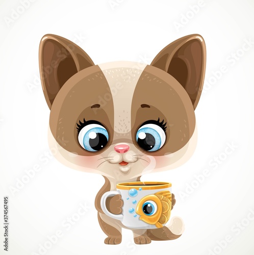 Fototapeta Naklejka Na Ścianę i Meble -  Cute cartoon baby cat with a cup of tea or coffee isolated on a white background