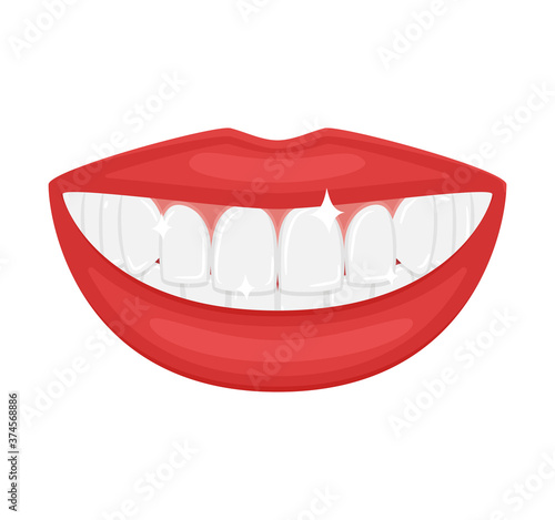A mouth with beautiful white teeth. A snow-white smile. Beautiful red plump lips. Aesthetic dentistry. Advertising a healthy lifestyle and dental care. Isolated flat vector illustration