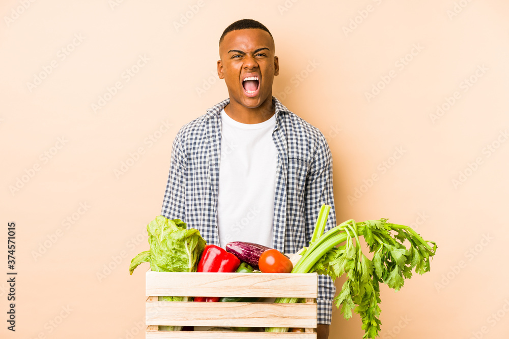 Young farmer man isolated on a beige background screaming very angry and aggressive. Young farmer man isolated on a beige background screaming very angry and aggressive.