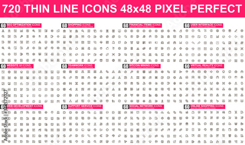 Bundle vector thin line icons. Contains such Icons as SEO, Shopping, Social Media, Virtual Reality, Bitcoin Mining, Teamwork and more. UI, UX vector icon. 48x48 pixel perfect linear pictogram pack.