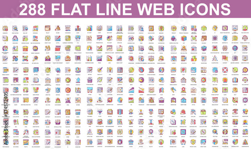 Bundle vector flat line icons concept. Contain such Icons as Teamwork, People, Finance, Analysis, SEO, Business, Money, Support, Real Estate and more. UI, UX vector icon. Color linear pictogram pack.