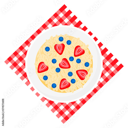 Granola, strawberries, blueberries in bowl on a red checkered napkin. Muesli fruits healthy natural breakfast. Healthy food, oat flakes, vector cartoon illustration.