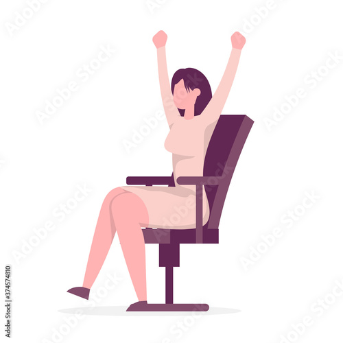 Businesswoman sitting at office chair. She is raised hands in victory. Color vector illustration