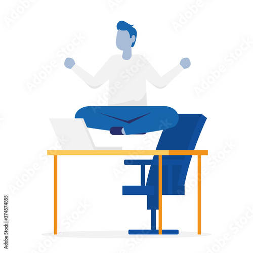 Man is calm sits in a lotus position at work. Color vector cartoon illustration.