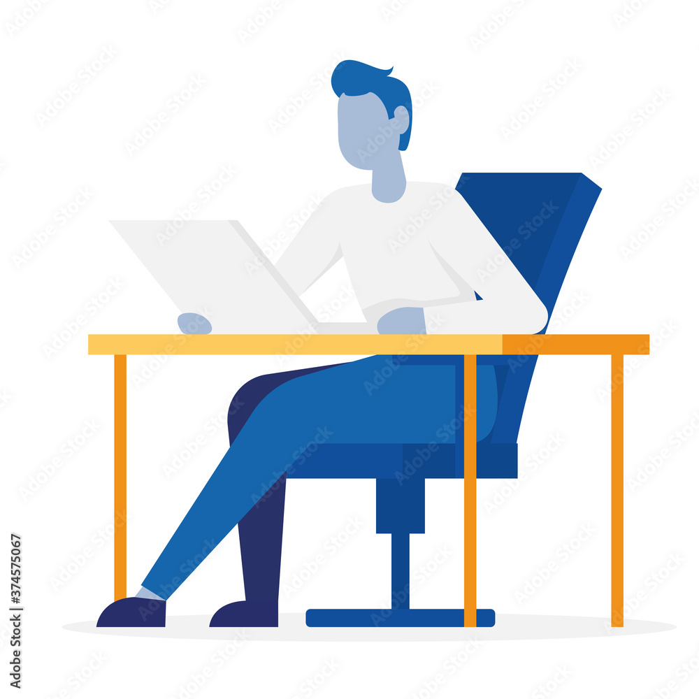 Man sitting on a chair with a laptop. Flat vector icon.