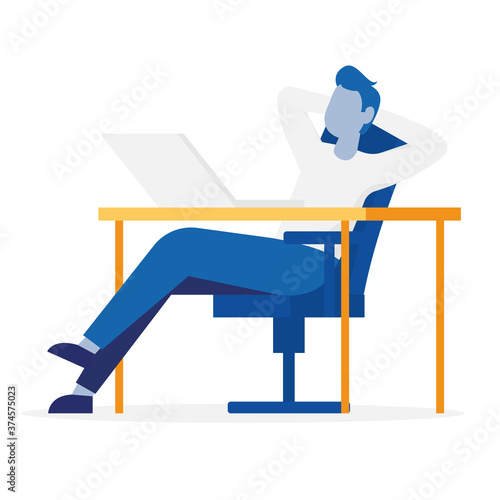 Fotografie Bummer sitting on office chair at a computer desk