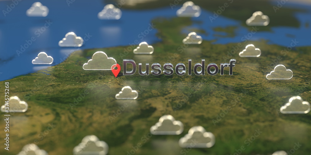 Cloudy weather icons near Dusseldorf city on the map, weather forecast related 3D rendering Cloudy weather icons near Dusseldorf city on the map, weather forecast related 3D rendering