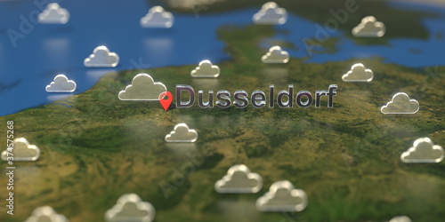 Cloudy weather icons near Dusseldorf city on the map, weather forecast related 3D rendering