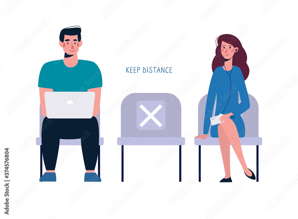 People keep their distance, sit in line. A socially safe distance between a man and a woman on the bench, so as not to spread the virus, COVID-19 coronavirus. Vector illustration, flat. Inscription.
