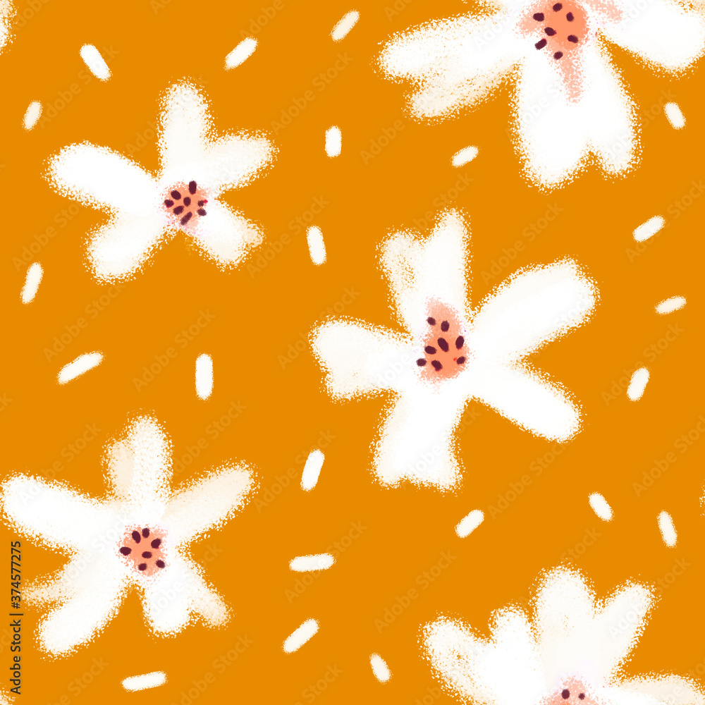 pattern with white flowers on a red background in the Memphis style
