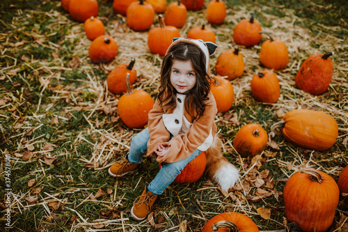 a little cute blue eyed brunette girll sitting on a pumpkin field photo