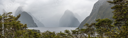 Panorama of Milford Sound during bad rainy weather, South Island/New Zealand