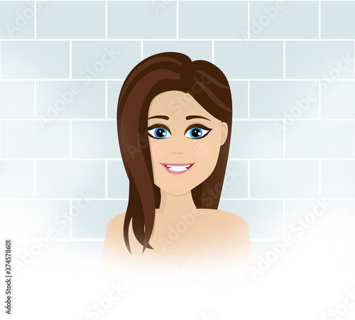 Woman in a shower/changing room/spa/bath setting, naked, with steam and tiles. White, brunette.