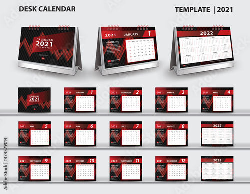 Set Desk Calendar 2021 template vector and desk calendar 3d mockup, Calendar 2022-2023 template design, Red cover design, Set of 12 Months, Week starts Sunday, Stationery.