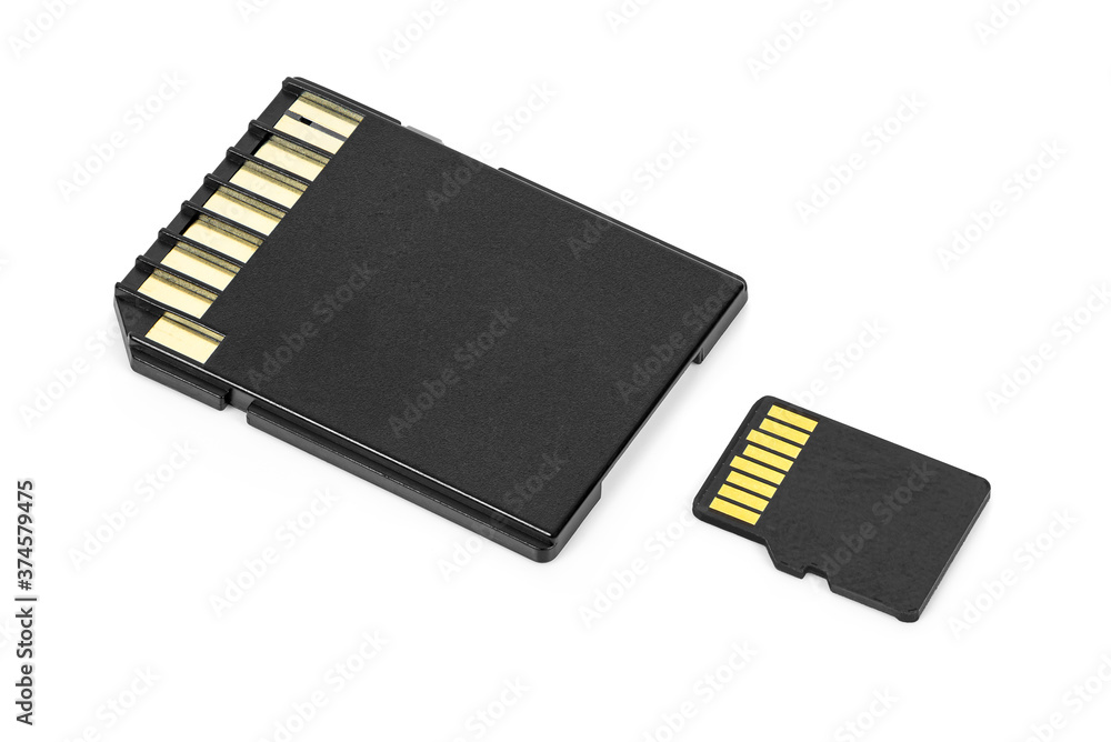 MicroSD memory card with adapter on white background MicroSD memory card with adapter on white background