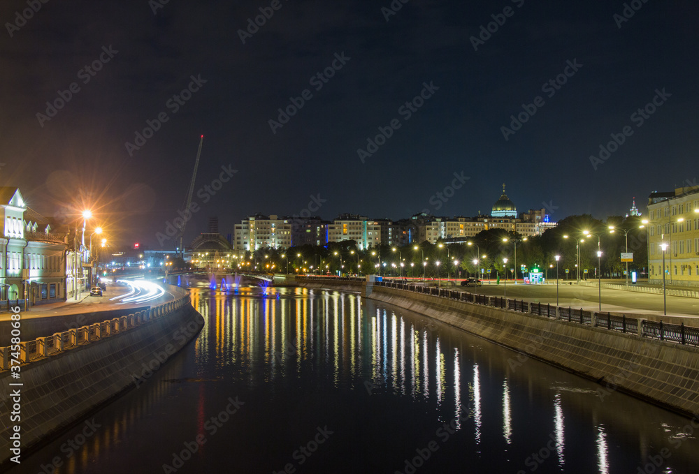 Water bypass canal in Moscow, Russia. Evening,