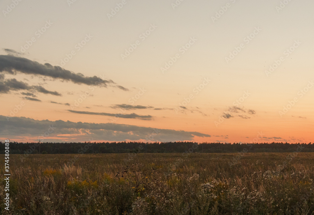 Fototapeta premium Sunset in Countryside, Moscow region, Russia. Blue clouds, orange sun strip.