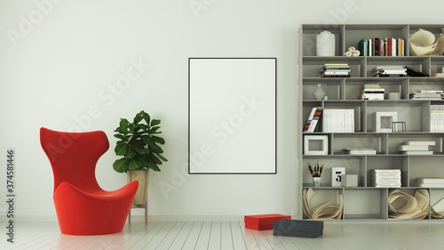 Red sofa with bookshelf and plant. Mockup. 3d rendering