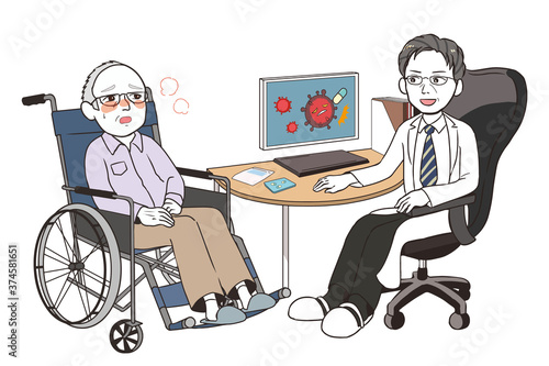治験の話をするベテラン男性医師　発熱した高齢男性患者　車椅子