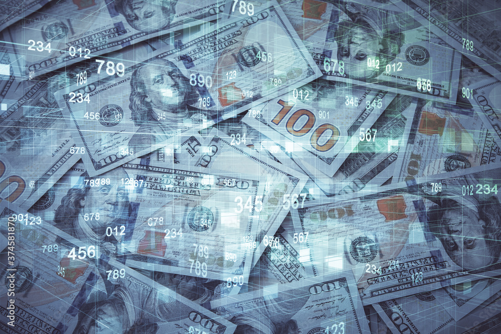Double exposure of data theme drawing over us dollars bill background. Technology concept. Double exposure of data theme drawing over us dollars bill background. Technology concept.