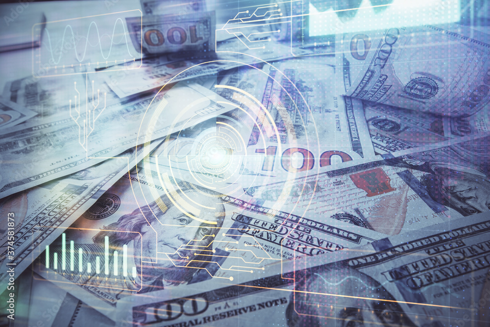 Double exposure of data theme drawing over us dollars bill background. Technology concept. Double exposure of data theme drawing over us dollars bill background. Technology concept.