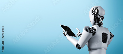Obraz na płótnie Robot humanoid using tablet computer in future office while using AI thinking brain , artificial intelligence and machine learning process . 4th fourth industrial revolution 3D illustration.