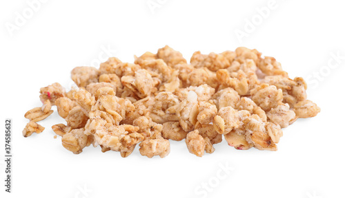 Heap of tasty crispy granola on white background