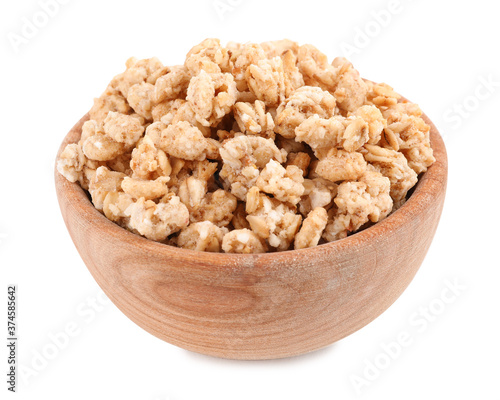Tasty crispy granola in wooden bowl isolated on white © New Africa