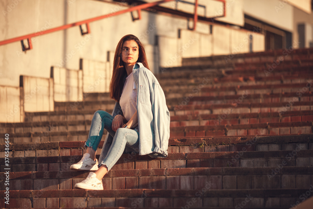 Beautiful tourist girl on city street. Gorgeous young model Beautiful tourist girl on city street. Gorgeous young model
