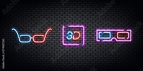Vector realistic isolated neon sign of 3D Glasses logo for decoration and covering on the wall background. Concept of cinema, movie studio and director.