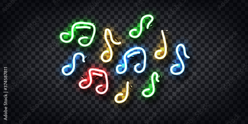 Vector realistic isolated neon sign of Notes for decoration and covering on the transparent background. Concept of music and dj. Vector realistic isolated neon sign of Notes for decoration and covering on the transparent background. Concept of music and dj.