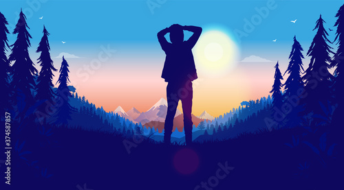 Getting away from it all - Person standing alone with hands on head feeling relief and peace. Solitude, escape life and finding inner peace concept. Vector illustration.