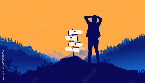Facing multiple choices - Male person standing outdoors with hands on head, uncertain about life choices. Unknown future, decisions and uncertainty concept. Vector illustration.
