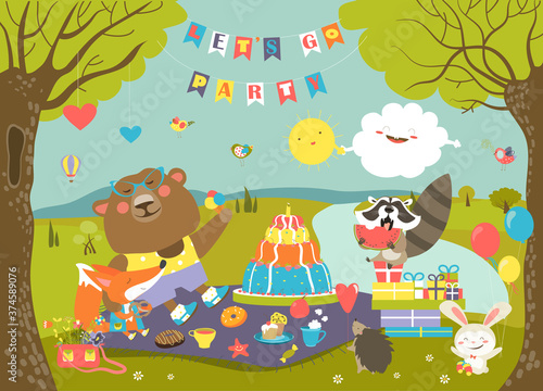 Fototapeta Naklejka Na Ścianę i Meble -  Cartoon animals celebrating Birthday in the forest