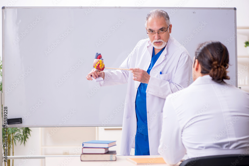 Experienced doctor cardiologist teaching young male assistant Experienced doctor cardiologist teaching young male assistant